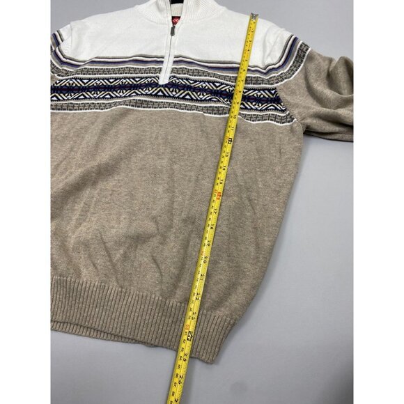 Izod Fair Isle Nordic Sweater Mens size L Quarter Zip Winter Knit White Brown - Picture 9 of 10